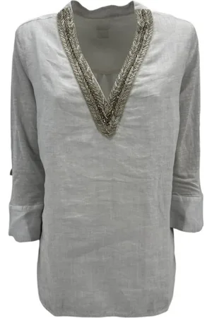 120% Lino Bluser & Skjorter, Dame, Hvid, S, Linned, Perle Linned Bluse med Perlebroderi
