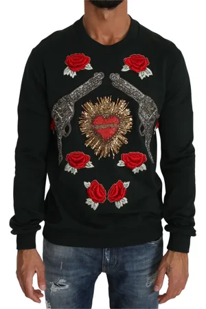 Dolce & Gabbana Sweathshirts & Hoodies, Herre, Grøn, L, Bomuld, Grøn Krystal Hjerte Roser Pistol Sweater