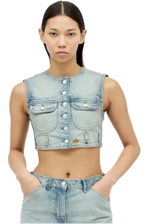 Courrèges Jakke, Dame, Blå, M, Denim, Denim Crop Vest med Logo Broderi