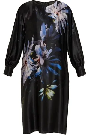 Persona by Marina Rinaldi Kjole, Dame, Sort, L, Satin, Silkesatin Midi Kjole med Eksklusivt Print