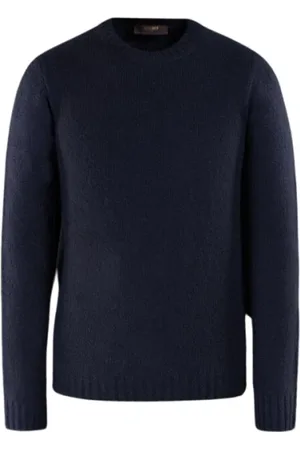 MOORER Strik, Herre, Blå, L, Uld, Luksuriøs Bouclé Crew-Neck Sweater