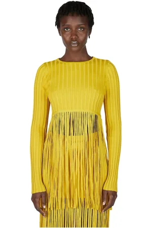 SIMON MILLER Top, Dame, Gul, M/L, Fringe Trim Strik Langærmet Top