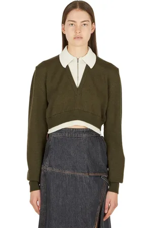 Elleme Strik, Dame, Grøn, M, Uld, Strikket Lynlås Sweater Uld Farveblok