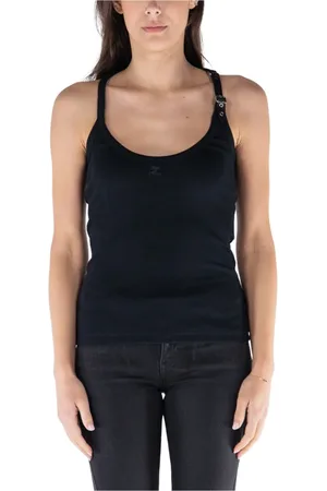 Courrèges Top, Dame, Sort, L, Bomuld, Vintage Ribbet Ærmeløs Top