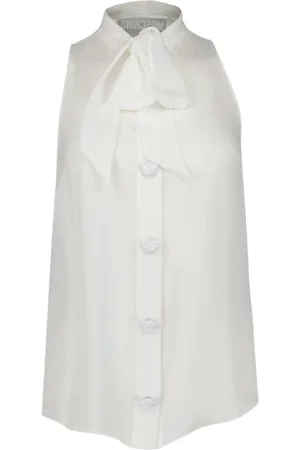 Moschino Top, Dame, Hvid, XS, Ærmeløs silkebluse med Lavallière-krave