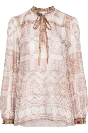 PIERRE-LOUIS MASCIA Bluser & Skjorter, Dame, Flerfarvet, M, Trykt Silkeskjorte Beige