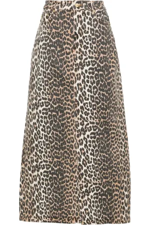 Ganni Nederdel, Dame, Brun, S, Denim, Leopard-Print Denim Midi Nederdel