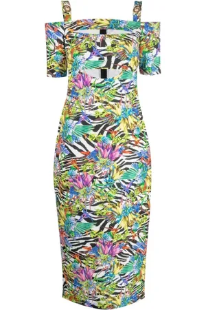 Roberto Cavalli Kjole, Dame, Flerfarvet, S, Polyester, Sort Jungle Blomst Kort Kjole