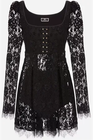 Elisabetta Franchi Kjole, Dame, Sort, L, Uld, Blonde Mini Kjole med Lange Ærmer
