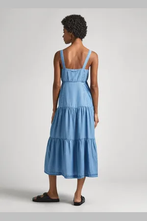 Pepe Jeans Kjole, Dame, Blå, L, Midi Tencel Hjerte Hals Kjole