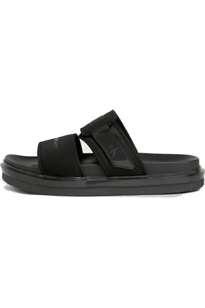 Calvin Klein Sko, Herre, Sort, 42 EU, Polyester, Sort Dobbelt Bar Flad Sandal