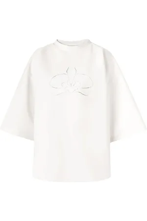 GENNY Top, Dame, Hvid, XS, Oversized Sweatshirt med Korte Ærmer og Rhinestone Orkide Detalje