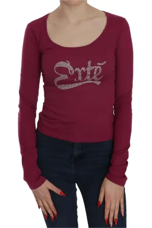 Exte Top, Dame, Rød, L, Bomuld, Krystalpyntet U-hals Bluse