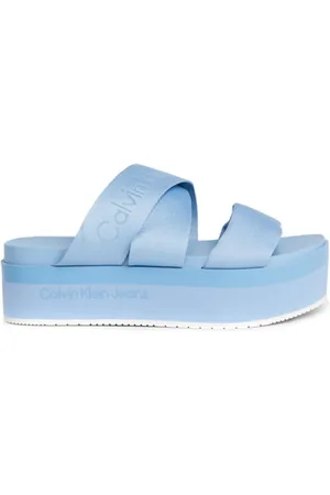 Calvin Klein Sko, Dame, Blå, 41 EU, Uld, Blå Flad Sandal med Webbing Stropper