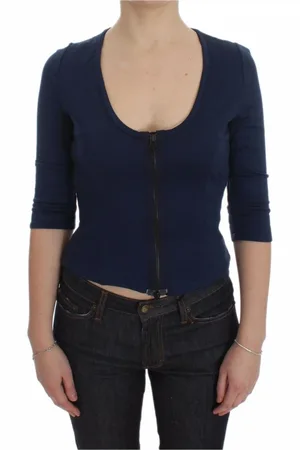Exte Top, Dame, Blå, XS, Bomuld, Blå Full Zipper Crew-Neck Sweater