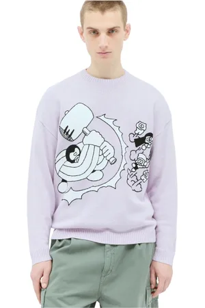 Brain Dead Strik, Herre, Lilla, XL, Uld, Grafisk Strikket Crewneck Sweater