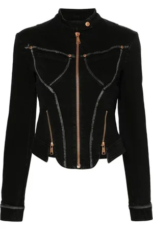 VERSACE Jakke, Dame, Sort, S, Denim, Sort Denimjakke med Lynlåsdetalje