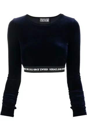 VERSACE Top, Dame, Blå, S, Uld, Stilfuld Crop Top med Ærmer