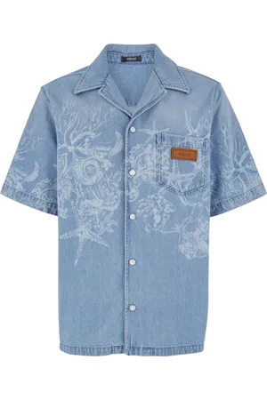 VERSACE Skjorte, Herre, Blå, L, Bomuld, Blå Cuban Collar Bowling Skjorte
