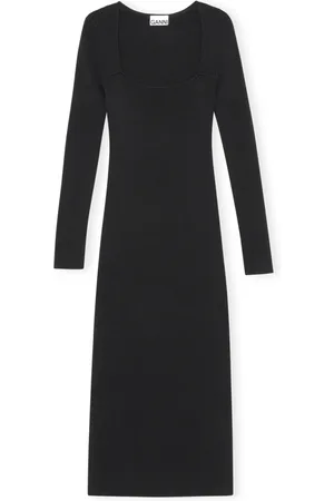 Ganni Kjole, Dame, Sort, XS, Rayon, Sort Strikket Midi Kjole