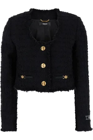 VERSACE Jakke, Dame, Sort, 2XS, Tweed, Sort Tweed Crop Jakke U-Halsudskæring