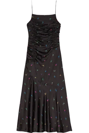 Ganni Kjole, Dame, Sort, M, Sort Blomstret Rynket Asymmetrisk Kjole