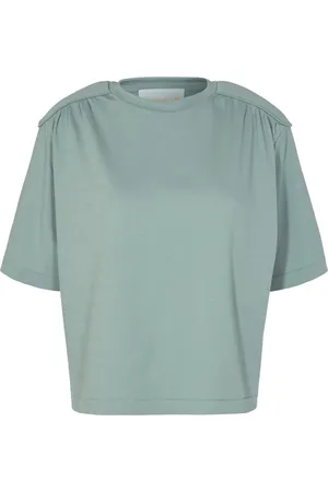 REMAIN Birger Christensen Top, Dame, Blå, L, Uld, Teal O-Neck Top med Polstrede Skuldre