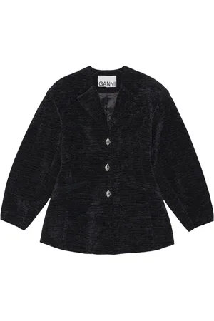 Ganni Jakke, Dame, Sort, M, Bomuld, Chenille V-Neck Blazer