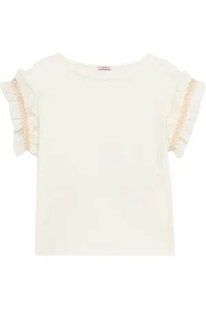 Oltre Top, Dame, Hvid, 2XL, Bomuld, Bomuld T-shirt med Poplin Ruffle