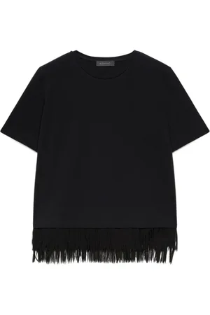Elena Miro Top, Dame, Sort, M, Bomuld, T-shirt med frynsekant