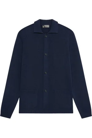 FERRANTE Strik, Herre, Blå, L, Bomuld, Navy Cardigan med Lommer og Krave