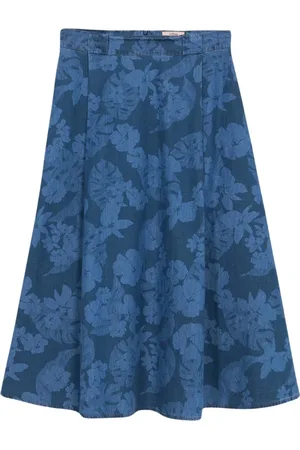 Oltre Nederdel, Dame, Blå, 2XL, Denim, Blomstret Denim Midi Nederdel