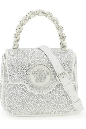 VERSACE Taske, Dame, Grå, ONE SIZE, Satin, Krystalbesat Medusa Satin Håndtaske