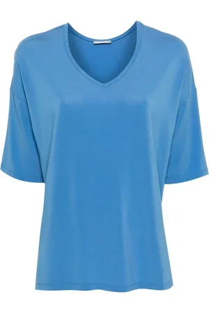 LE TRICOT PERUGIA Top, Dame, Blå, 3XL, Uld, Blå V-hals T-shirt med droppede skuldre
