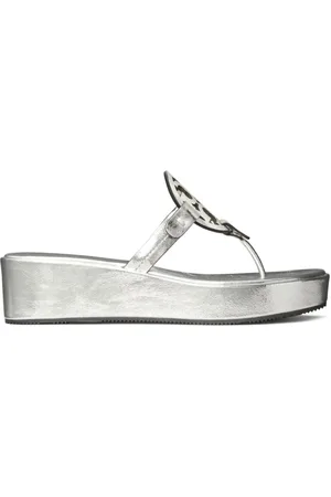 Tory Burch Sko, Dame, Grå, 38 EU, Læder, Metallic Double T Thong Sandaler