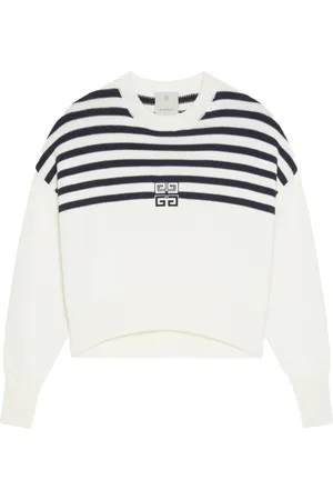 Givenchy Strik, Dame, Hvid, M, Bomuld, Stribet Bicolor Sweater med 4G Patch