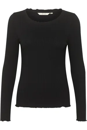 Cream Top, Dame, Sort, L, Uld, Sort Ribbet Langærmet T-shirt