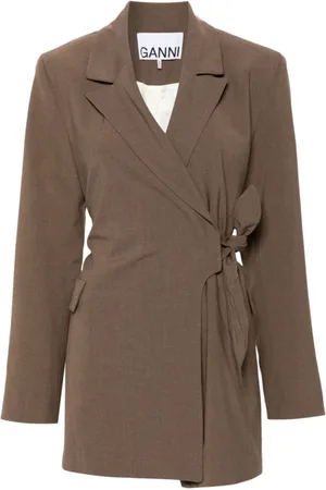 Ganni Jakke, Dame, Brun, L, Uld, Brun Wrap Jakke Knude Detalje