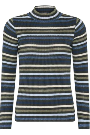 Skovhuus Strik, Dame, Flerfarvet, 2XL, Bomuld, Stribet Ribstrik Pullover Bluse Agave
