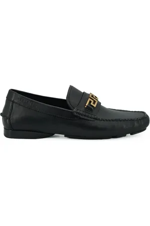 VERSACE Sko, Herre, Sort, 39 EU, Uld, Sorte Læder Loafers med Guld Hardware