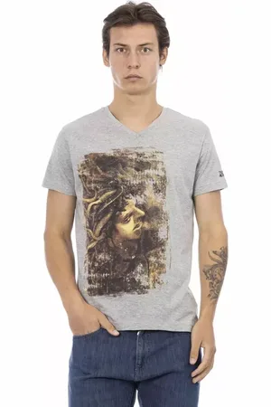 Trussardi Top, Herre, Grå, XL, Bomuld, Elegant grå V-hals T-shirt