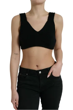 Dolce & Gabbana Top, Dame, Sort, S, Cashmere, Sort Cashmere V-Neck Crop Top