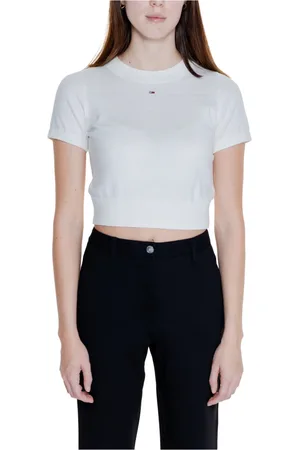 Tommy Hilfiger Strik, Dame, Hvid, L, Bomuld, Hvid Strikbluse Kortærmet Rund Hals