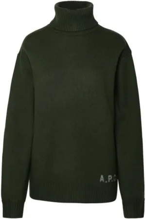 A.P.C. Strik, Dame, Grøn, M, Uld, Broderet Logo Turtleneck Pullover Militærgrøn