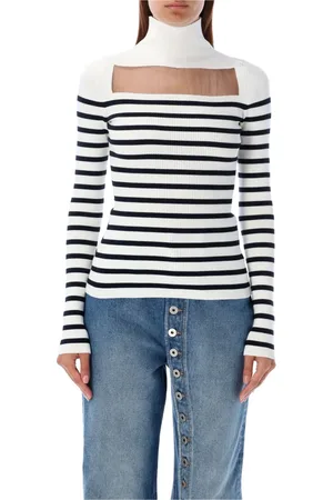Jean Paul Gaultier Strik, Dame, Hvid, M, Stribet Turtleneck Sweater Hvid Marine