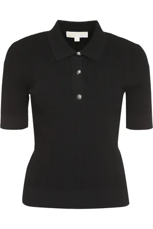Michael Kors Top, Dame, Sort, XL, Polyester, Ribstrikket polo t-shirt med sølvfarvede metal knapper
