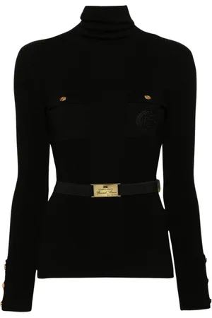 Elisabetta Franchi Top, Dame, Sort, S, Sort Ribstrikket Trøje med Høj Krave