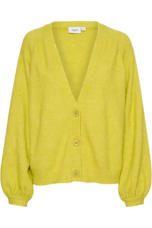 Saint Tropez Strik, Dame, Gul, XS, Uld, Strik Cardigan med Pufærmer Celery