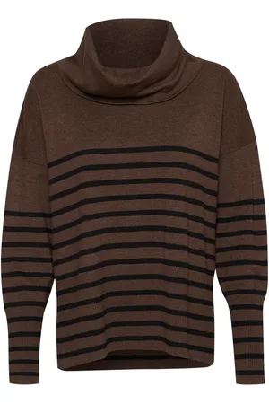 Saint Tropez Strik, Dame, Brun, L, Uld, Stribet Cowlneck Pullover Sweater Mørk Melange