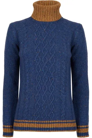 Gallo Strik, Dame, Blå, S, Uld, Blå Turtleneck Aran Sweater Kvinder